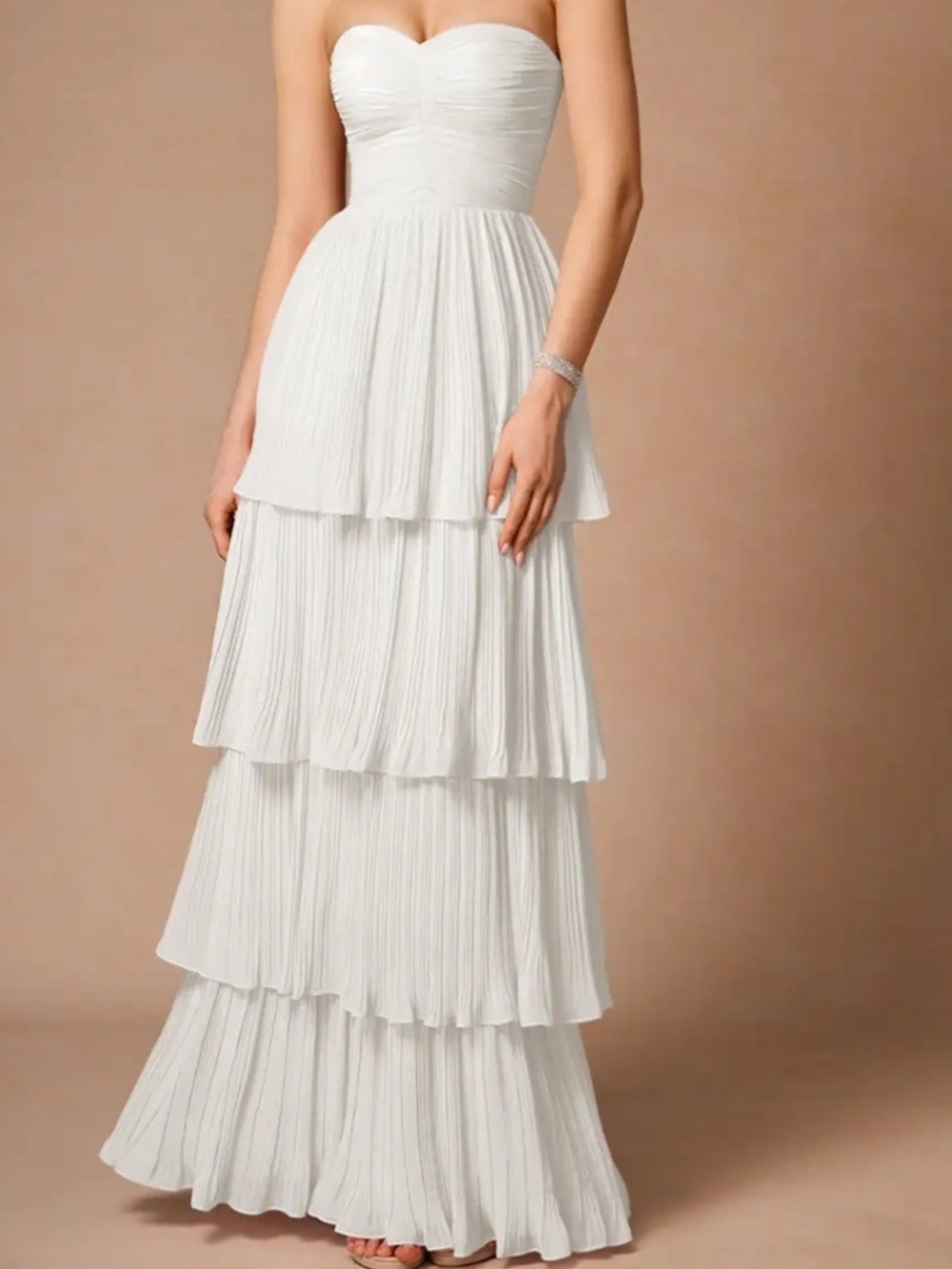 Azazie Atelier Isla White Tiered Maxi Chiffon Dress Sweetheart Bridal Gown US 6